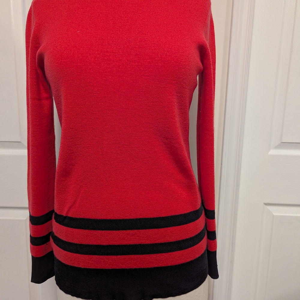 Vibrant Red and Black Crew Neck Sweater with Sporty Stripes